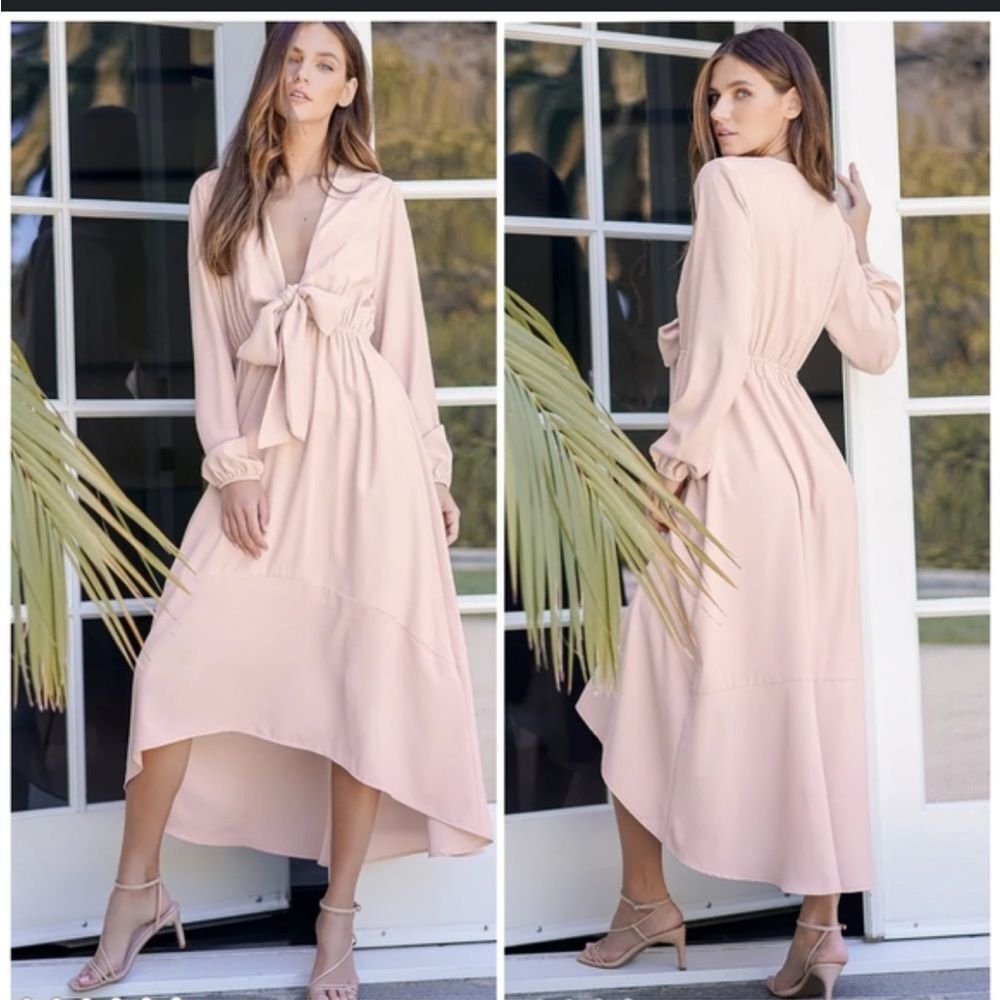 Lulus Blush Pink Tie Front Long Sleeve Midi Dress Balloon Sleeve Size S